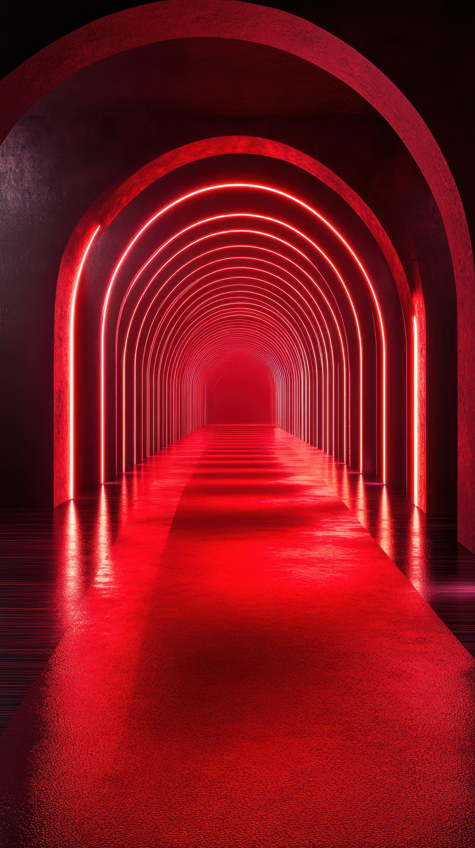 Stunning red illuminated tunnel with glowing arches creating a surreal pathway in an artistic space